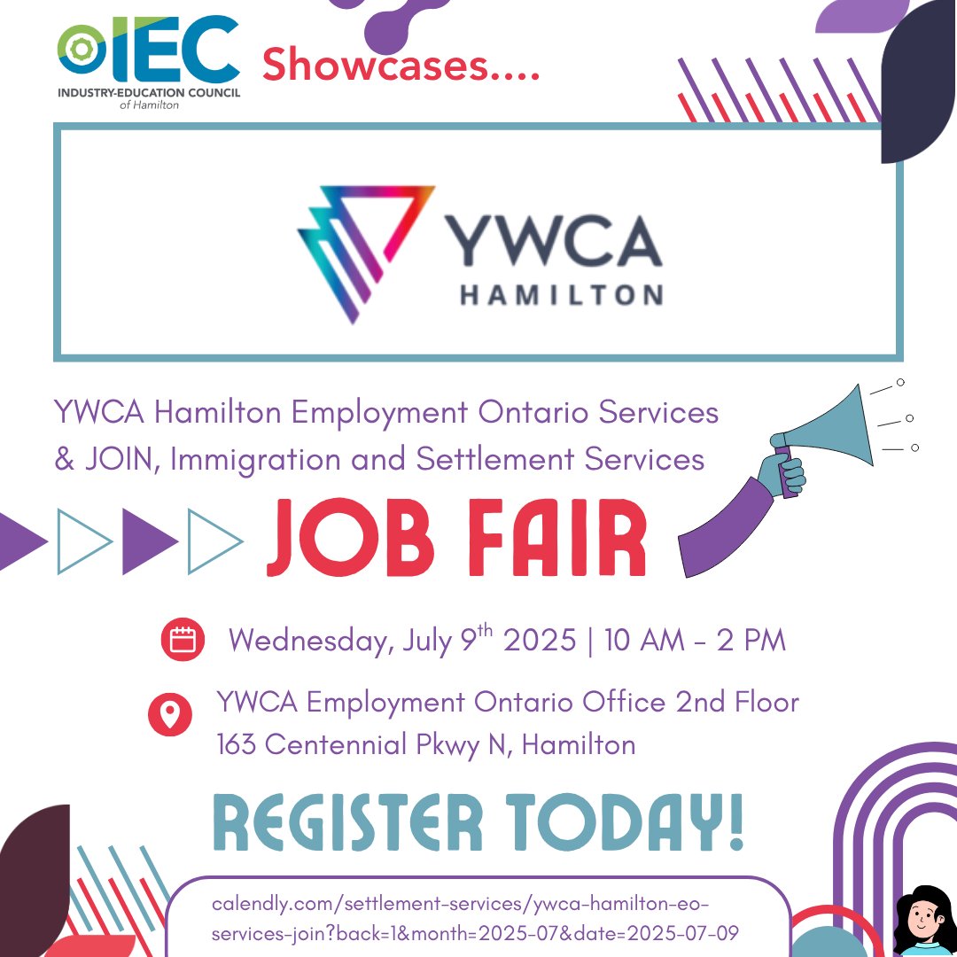YWCA Hamilton Employment Ontario Services &amp; JOIN, Immigration and Settlement Services are hosting a Job Fair this Wednesday, July 9th from 10 AM - 2 PM (time slots available). Interested? Register Today! 

To register &amp; learn more:
calendly.com/settlement-ser…

#YWCA #JOIN #JobFair