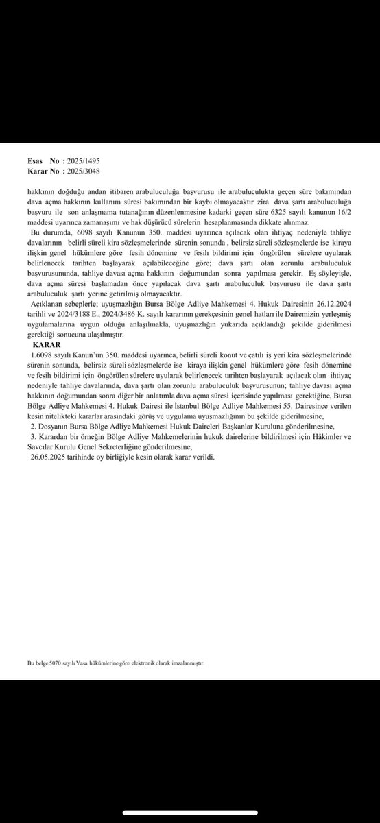 Yargıtay 3. Hukuk Dairesi tahliye davalarında arabuluculuk başvurusuna ilişkin çok önemli bir karar verdi. BAM kararları arasında uyuşmazlığın giderilmesine ilişkin kararda arabuluculuk şartına dava açılma süresi içerisinde başvurulması gerektiği ifade edilmiştir. (Karar künyesi