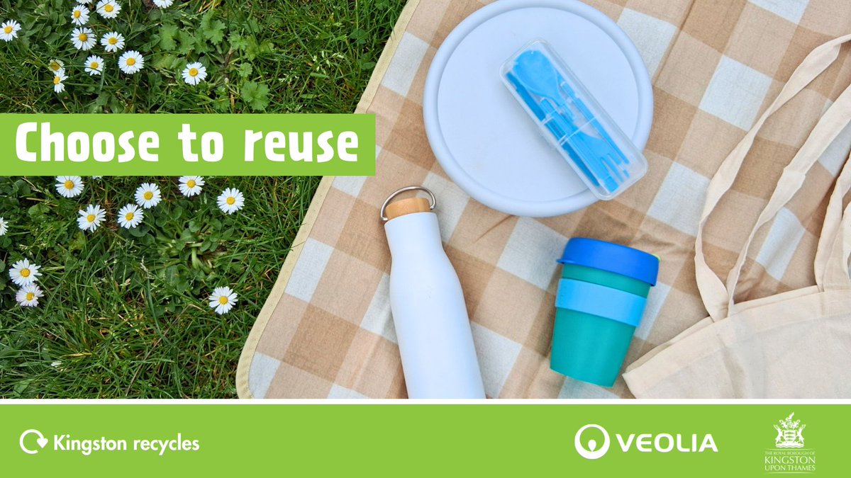 RBKingston's tweet image. Out enjoying a picnic or grabbing coffee with friends?
Choosing reusable containers, bottles, cups and cutlery over disposables is a great way to be more sustainable. This summer, reuse when you can & when you can’t, make sure to recycle right @VeoliaUK
#GreenerKingston
