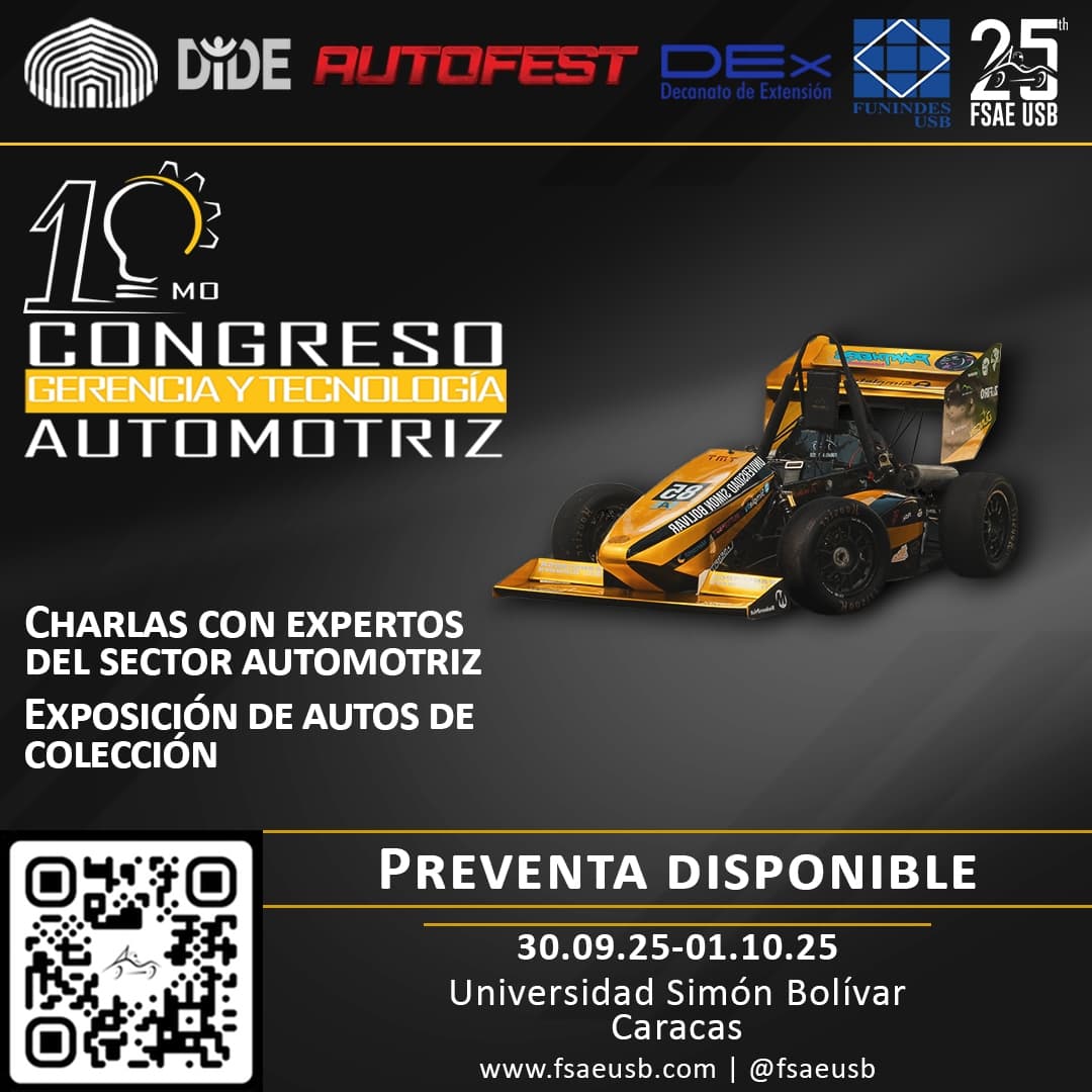 campusb's tweet image. Anunciamos el 10º Congreso de Gerencia y Tecnología Automotriz – USB, organizado por Fórmula SAE USB en su 25º aniversario. Se realizará del 30 de septiembre al 1 de octubre de 2025 en USB-Sartenejas. #prensausb
#usbve
#campusb
#usbnoticias