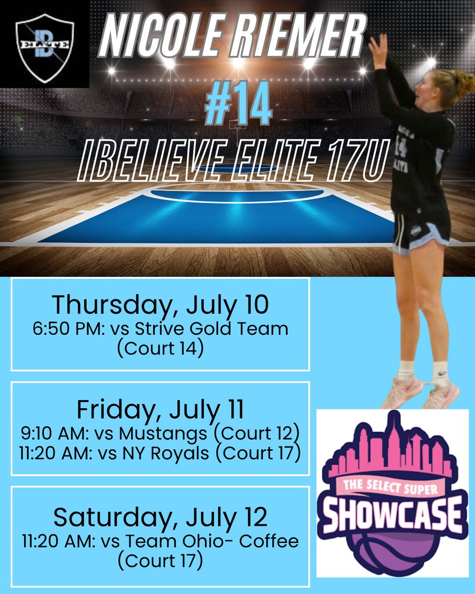 Nicole Riemer |6’0”| #14| Guard/Forward| c/o 2026 (@nicoleriemer_) on Twitter photo I am so excited to be back on the road to Ohio with <a href="/ibelieve_elite/">Ibelieveelite🎸</a> for The Select Super Showcase! Let’s go work‼️ I am so excited to be back on the road to Ohio with <a href="/ibelieve_elite/">Ibelieveelite🎸</a> for The Select Super Showcase! Let’s go work‼️