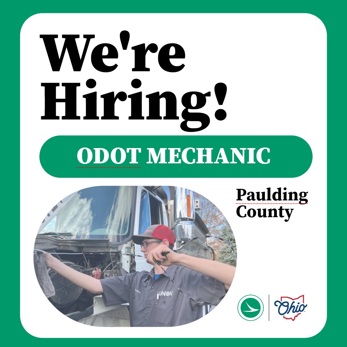ODOT_NWOhio's tweet image. Join our team: View openings & apply now!
👉 Paulding: Job Description - ODOT Mechanic, Paulding County, PN: 20050730 (25000542)
dasstateoh.taleo.net/careersection/…