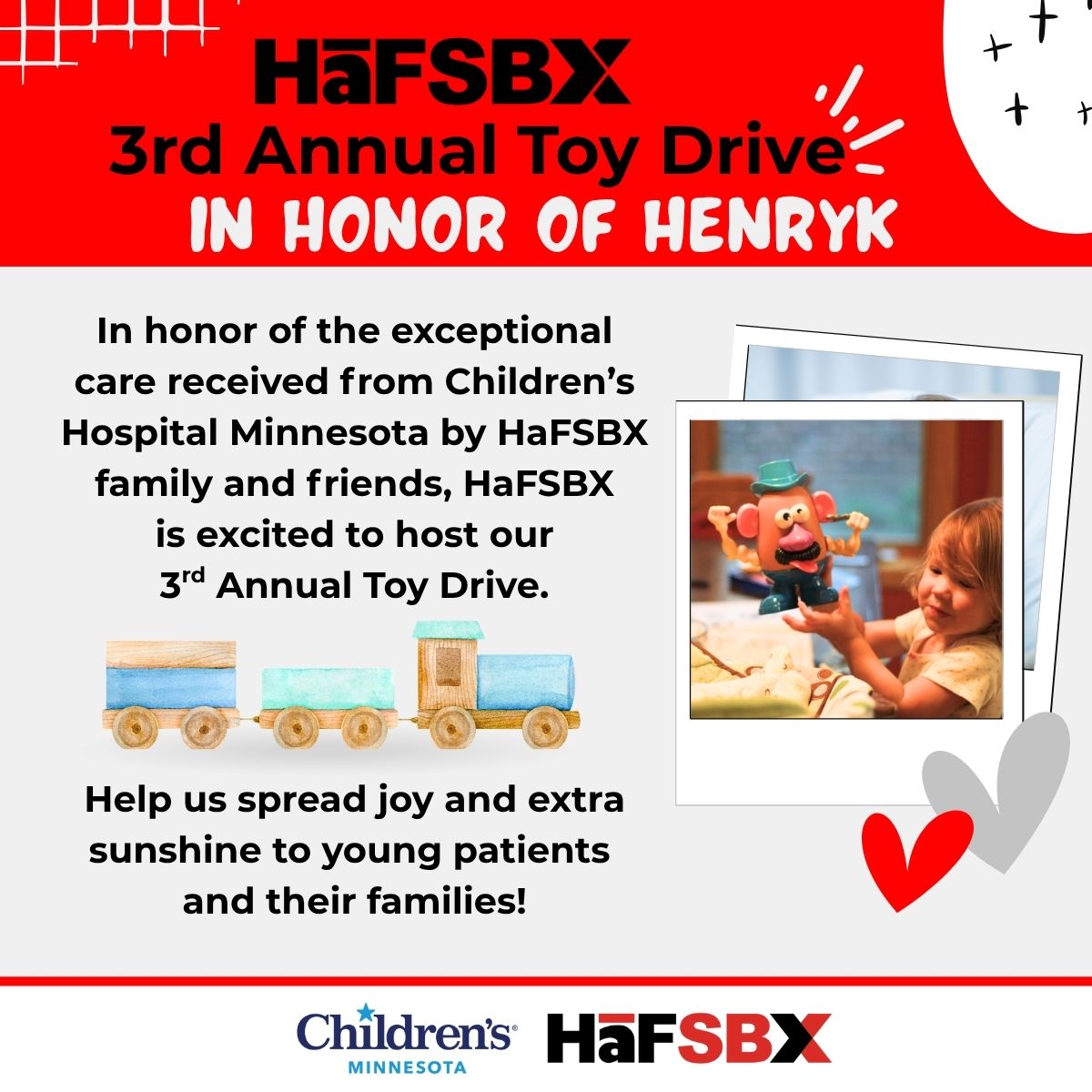 HafEquipment's tweet photo. This July, help us bring sunshine to kids at @childrensmn! Drop off toys at HaFSBX HQ or use our link to a wish list on Amazon to donate. Let’s make July a little brighter for those who need it most!  #HaFEquipment #ToyDrive2025 #ChildrensMinnesota https://t.co/JNeTnwki8I https://t.co/D4QwYgnhNV