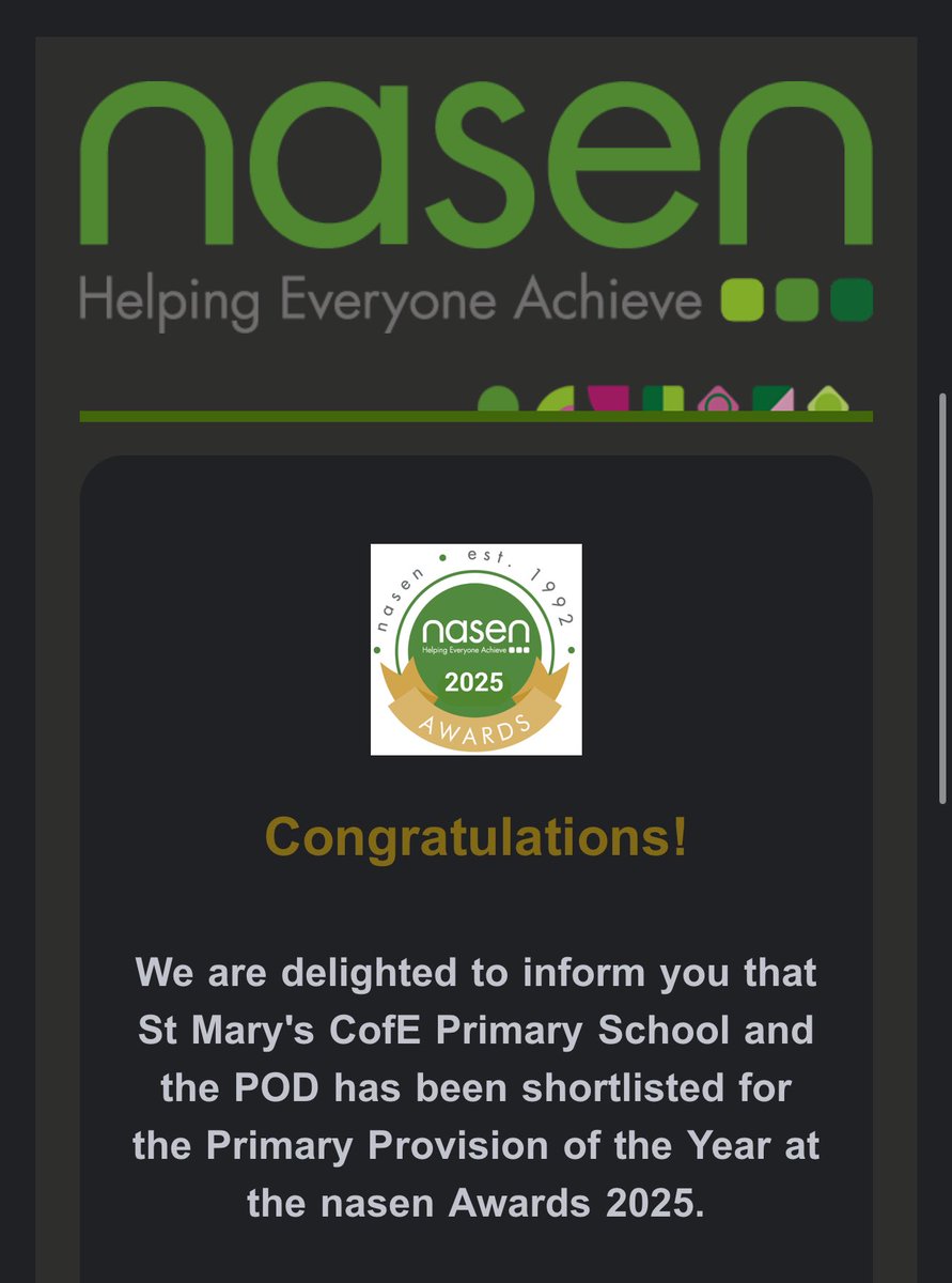StMarysMossSide's tweet image. We're thrilled to announce that St Mary’s CofE Primary School & The POD have been shortlisted for Primary Provision of the Year at the #nasenAwards2025! A huge honour recognising our commitment to making a real difference in the SEND sector 🌟🎉