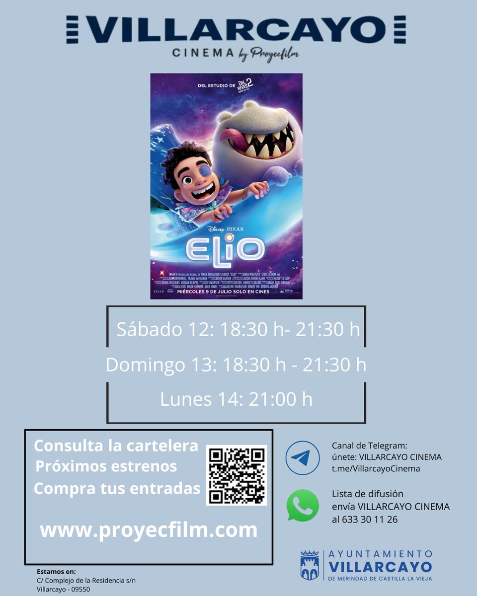 🎬 Cartelera Cine de #Villarcayo del sábado 12 al lunes 14 de julio:

🔹Elio.

🎫 Ya puedes comprar tus entradas por 5€.

🌐 Online: proyecfilmcines.com/villarcayo/

💁 En taquilla, 30 minutos antes del inicio de la película.