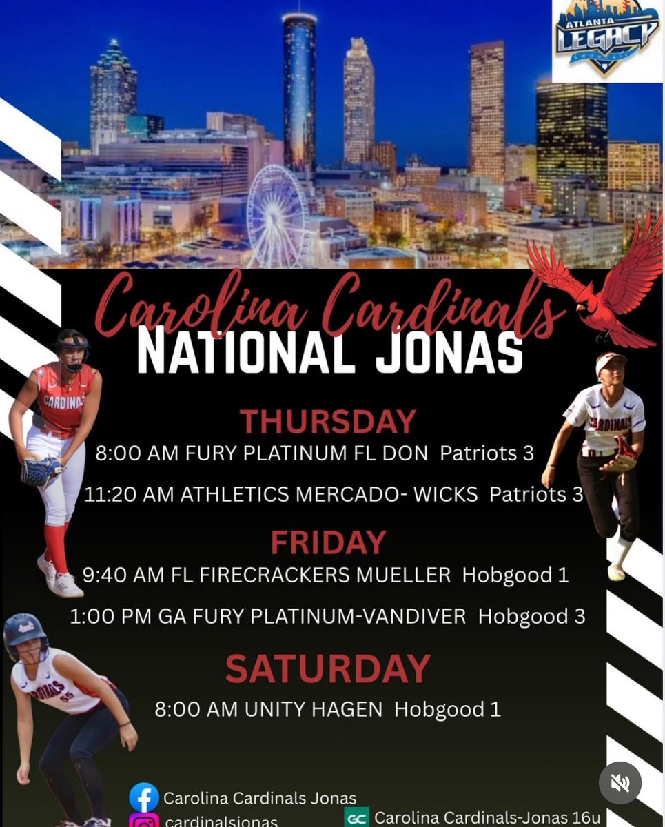 Hot-lanta here we come!! <a href="/jonas_cardinals/">Carolina Cardinals Chandler / Coach Jonas</a> <a href="/ValkyriesSB/">Converse University Softball</a> <a href="/FlaglerSoftball/">Flagler Softball</a> <a href="/GCRhinosSB/">Gaston College Softball</a> <a href="/NYUSoftball/">NYU Softball</a> <a href="/UNCWsoftball/">UNCW Softball</a> <a href="/WoffordSoftball/">Wofford Softball</a> <a href="/RollinsSoftball/">Rollins College Softball</a>