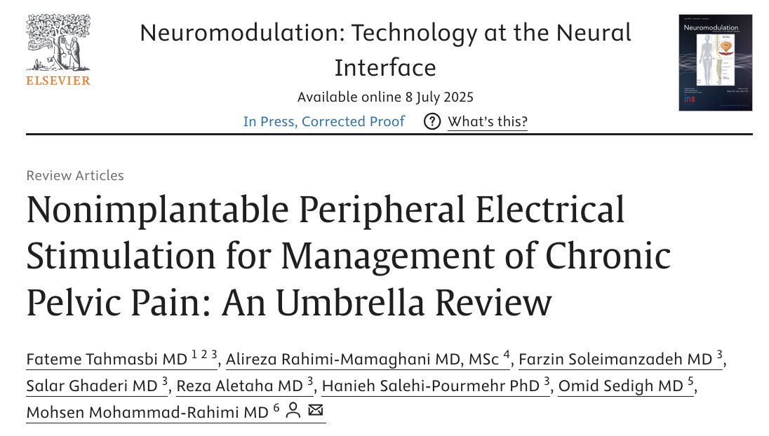 JNeuromod's tweet image. 📖 NEWLY PUBLISHED IN NEUROMODULATION 📖

&quot;Nonimplantable Peripheral Electrical Stimulation for Management of Chronic Pelvic Pain: An Umbrella Review&quot;

👀  sciencedirect.com/science/articl…

 ➡️   doi.org/10.1016/j.neur…

#INS #neuromodulation #PelvicPain