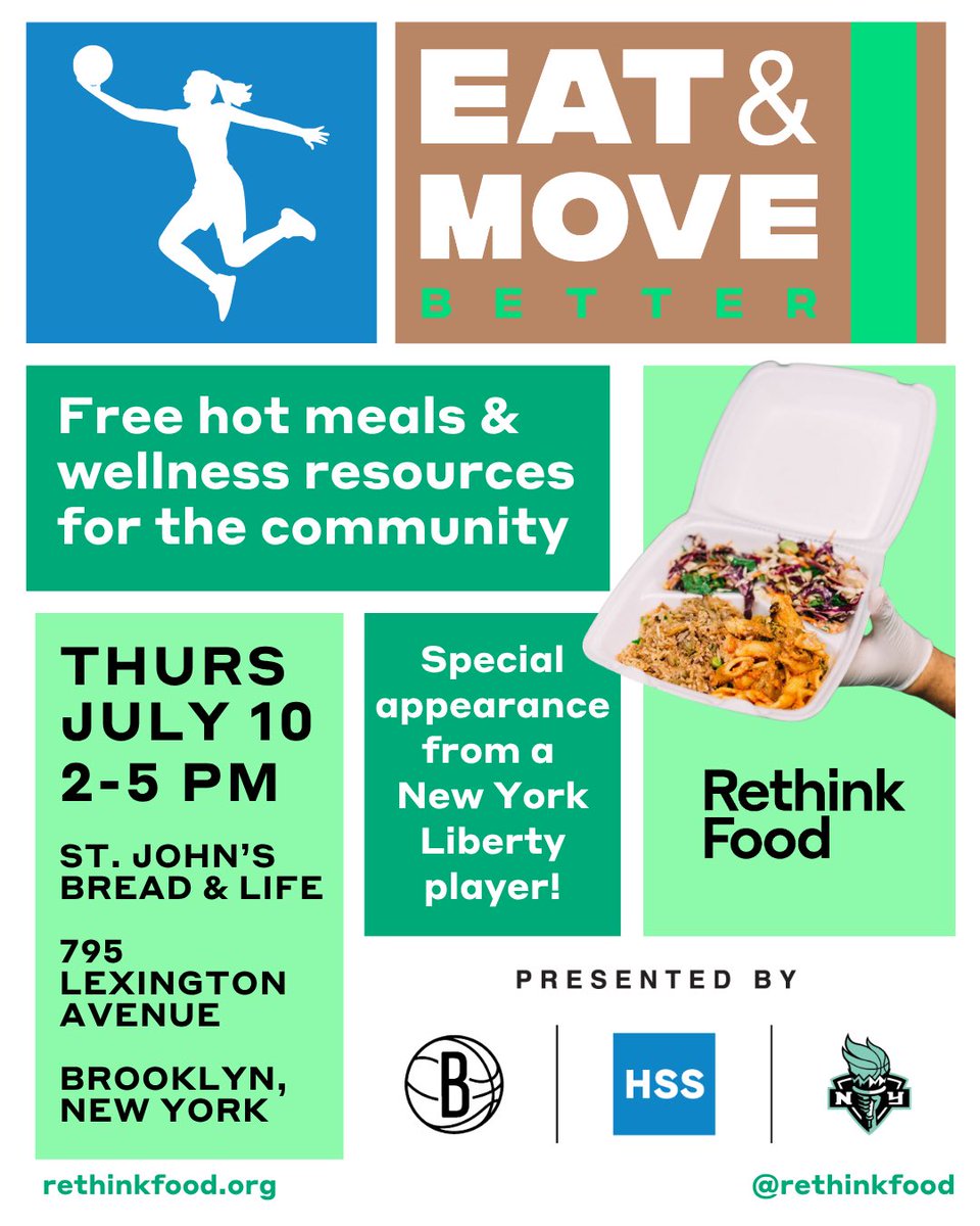 rethinkfood's tweet image. 🏀🌟Join us for “Eat and Move Better” w/ @HSpecialSurgery + @nyliberty!
📅 July 10, 2–5PM
📍 795 Lexington Ave, Brooklyn
🎉 Free meals, health resources & a surprise NY Liberty guest!
Let’s build a healthier, stronger Brooklyn together 💪🍎