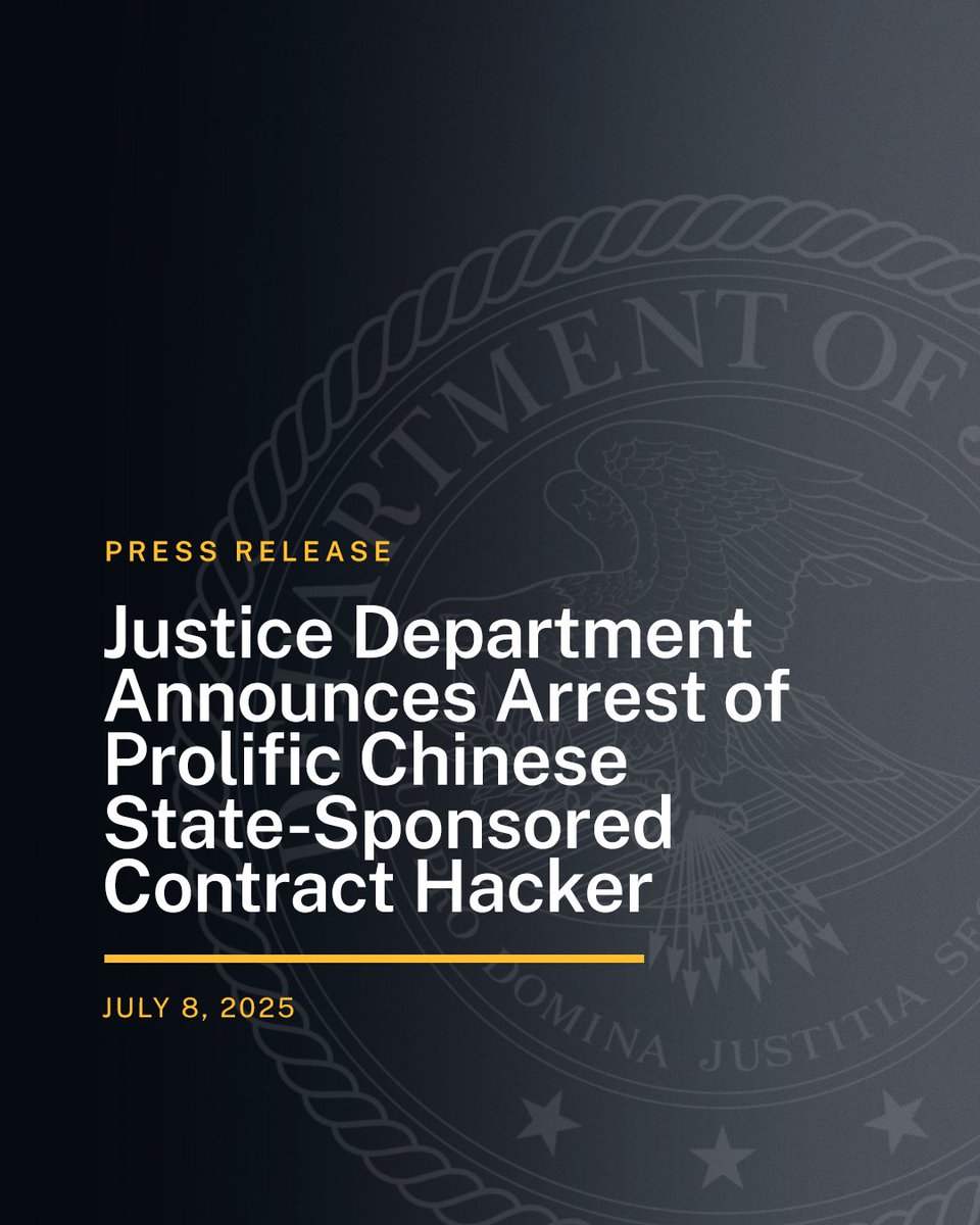 DOJNatSec's tweet image. Justice Department Announces Arrest of Prolific Chinese State-Sponsored Contract Hacker
🔗: justice.gov/opa/pr/justice…