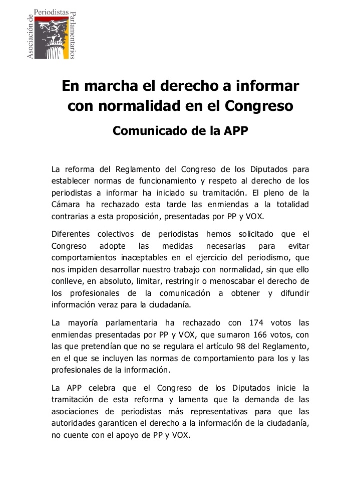 En marcha el derecho a informar con normalidad en el Congreso de los Diputados. Comunicado de la APP.