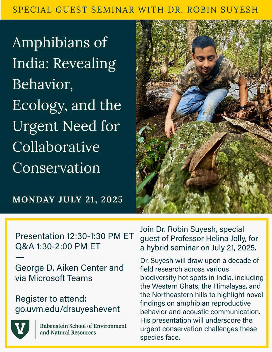 Rubenstein School (@uvm_rsenr) on Twitter photo Join Dr. <a href="/robin_suyesh/">Robin Panjikar</a>, special guest of Professor <a href="/HelinaJolly/">Helina Jolly, Ph.D</a>, for a hybrid seminar on July 21, 2025.
Register for either the in person or hybrid option here:
go.uvm.edu/drsuyeshevent Join Dr. <a href="/robin_suyesh/">Robin Panjikar</a>, special guest of Professor <a href="/HelinaJolly/">Helina Jolly, Ph.D</a>, for a hybrid seminar on July 21, 2025.
Register for either the in person or hybrid option here:
go.uvm.edu/drsuyeshevent