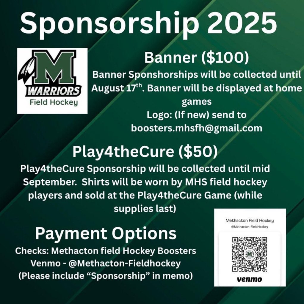 Please consider supporting our team! 🏑 Become a 2025 sponsor either on our home game banner or with a Play4theCure donation—details in the flyer! 💚 #methactonfieldhockey #WarriorPride