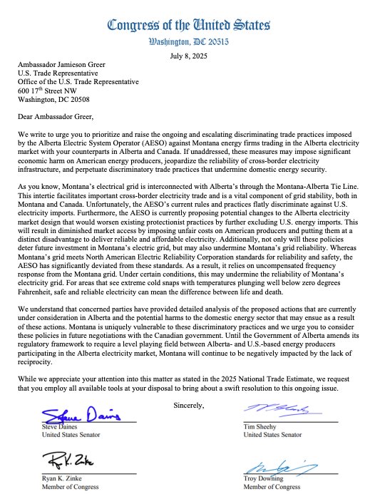 RepRyanZinke's tweet image. Today I joined the Montana delegation in urging the Trump Administration to investigate the trade barriers on the Montana-Alberta Tie Line. Discriminating against Montana energy hurts both sides and puts our reliable energy supply at risk. I urge USRT to give the issue the…