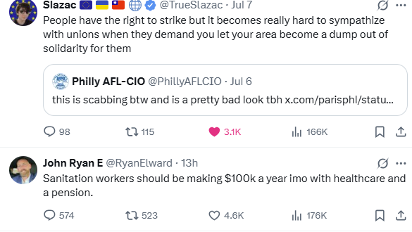 FakeApoth's tweet image. Both of these things are true. Sanitation work is hard the workers should be compensated well. At the same time, people shouldn't be expected to let their garbage pile up and are perfectly entitled to find ways to solve that problem while its worked out.