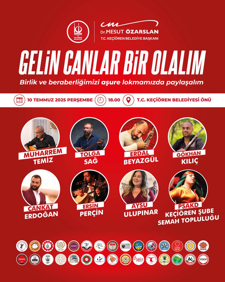 Muharrem ayında birlik ve beraberliğimizi, matem lokmamızı hep birlikte paylaşmak için tüm hemşehrilerimizi Belediyemizin önünde gerçekleştireceğimiz "Matem Aşı ve Aşure Lokması" programımıza davet ediyoruz. 
 
🗓️10 Temmuz 2025 Perşembe
⏰ 18.00
📌 T.C. Keçiören Belediyesi önü