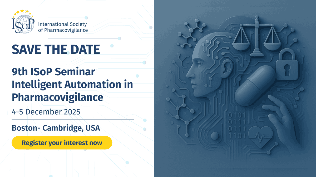 ISoP (@isoponline) on Twitter photo π
Save the Date β 9th ISoP Seminar on: Intelligent Automation in Pharmacovigilance
ποΈ 4β5 December 2025
π BostonβCambridge, USA
π π§ Register your interest by emailing:
administration@isoponline.org
#ISoPOnline #ISoPSeminar #Pharmacovigilance #DrugSafety #Automation π
Save the Date β 9th ISoP Seminar on: Intelligent Automation in Pharmacovigilance
ποΈ 4β5 December 2025
π BostonβCambridge, USA
π π§ Register your interest by emailing:
administration@isoponline.org
#ISoPOnline #ISoPSeminar #Pharmacovigilance #DrugSafety #Automation