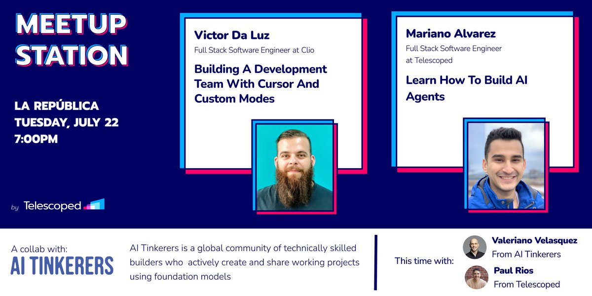 TelescopedInc's tweet photo. Our next MeetupStation is here🚀 — in collaboration with AI Tinkerers.
– Victor Da Luz shows how he built a card game using Godot + AI
– Mariano Álvarez teaches how to build AI agents
With Paul Rios and Valeriano Velásquez.
Save your seat! - https://t.co/w1eqcS8rws https://t.co/oANsTA8fEg