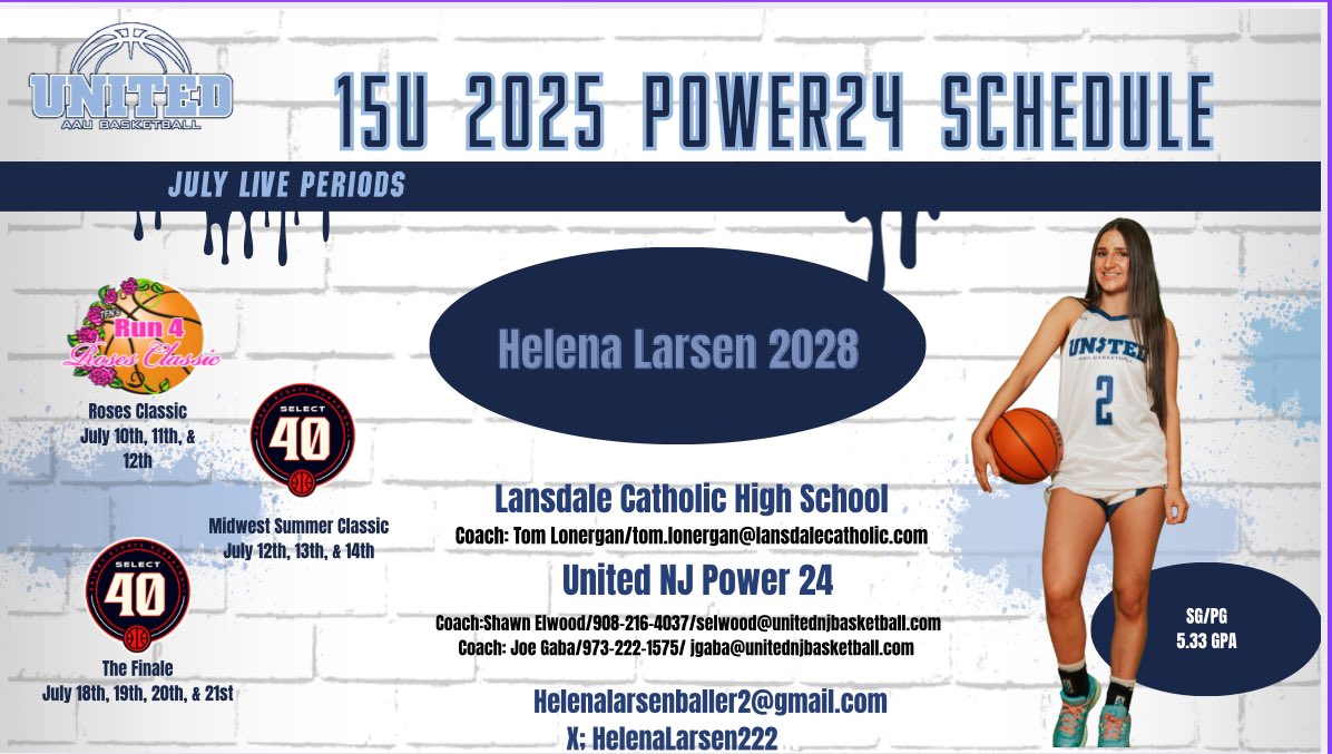 Helena Larsen (@helenalarsen222) on Twitter photo Here’s my tournament schedule for the July live period. I’m so excited to play in these tournaments with my team!
<a href="/unitedNJaau/">United NJ AAU</a>
<a href="/CoachGaba/">Coach Joe Gaba</a>
<a href="/CoachJimmy_O/">Jimmy Ostaszewski</a>
<a href="/lcladycrusaders/">Lansdale Catholic Girls Basketball</a> Here’s my tournament schedule for the July live period. I’m so excited to play in these tournaments with my team!
<a href="/unitedNJaau/">United NJ AAU</a>
<a href="/CoachGaba/">Coach Joe Gaba</a>
<a href="/CoachJimmy_O/">Jimmy Ostaszewski</a>
<a href="/lcladycrusaders/">Lansdale Catholic Girls Basketball</a>