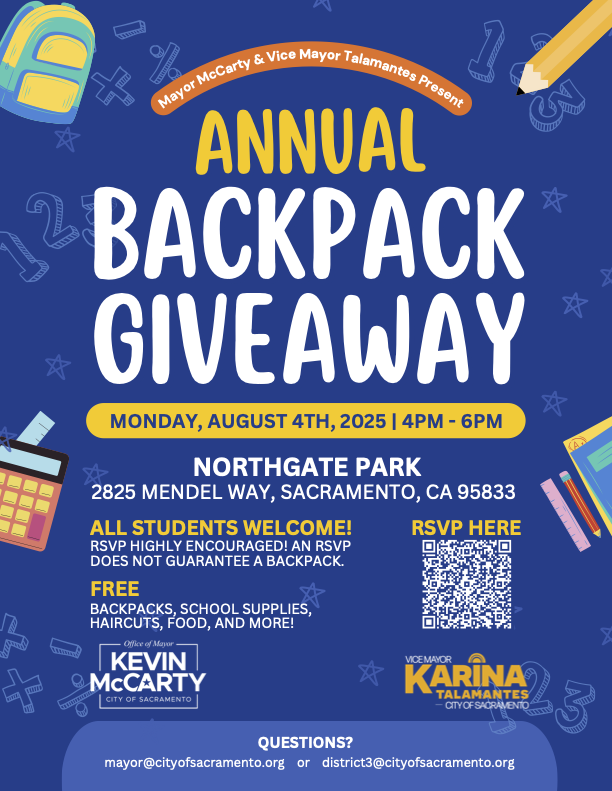 Twin Rivers Unified (@twinriversusd) on Twitter photo The 3rd Annual Backpack Giveaway returns August 4th at Northgate Park offering backpacks, supplies, food, haircuts, and more for a successful start to the school year. Hosted by Sacramento Mayor <a href="/MayorMcCarty/">Sac Mayor Kevin McCarty</a> and Vice Mayor <a href="/CM_Talamantes/">Vice Mayor Karina Talamantes</a>, this event is open to all students! The 3rd Annual Backpack Giveaway returns August 4th at Northgate Park offering backpacks, supplies, food, haircuts, and more for a successful start to the school year. Hosted by Sacramento Mayor <a href="/MayorMcCarty/">Sac Mayor Kevin McCarty</a> and Vice Mayor <a href="/CM_Talamantes/">Vice Mayor Karina Talamantes</a>, this event is open to all students!