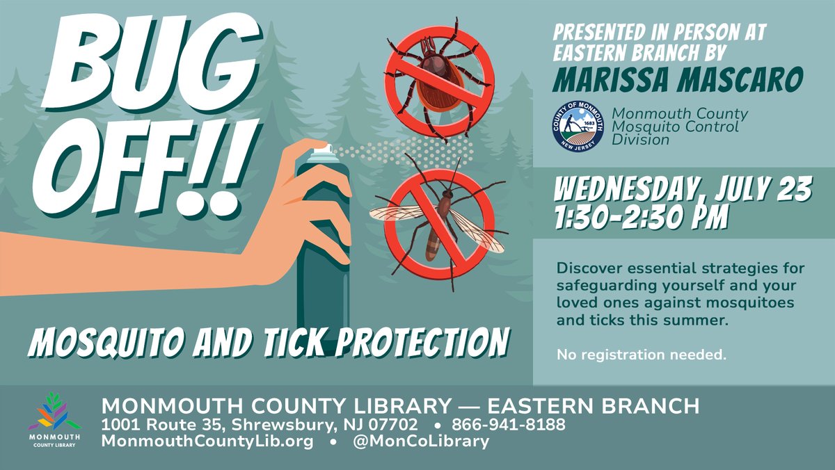 Stay bite free this summer—learn how to protect yourself from ticks and mosquitoes!

#monmouthcountylibrary #moncolibrary #bugoff #mosquitoprotection #tickprotection #summerbugs
