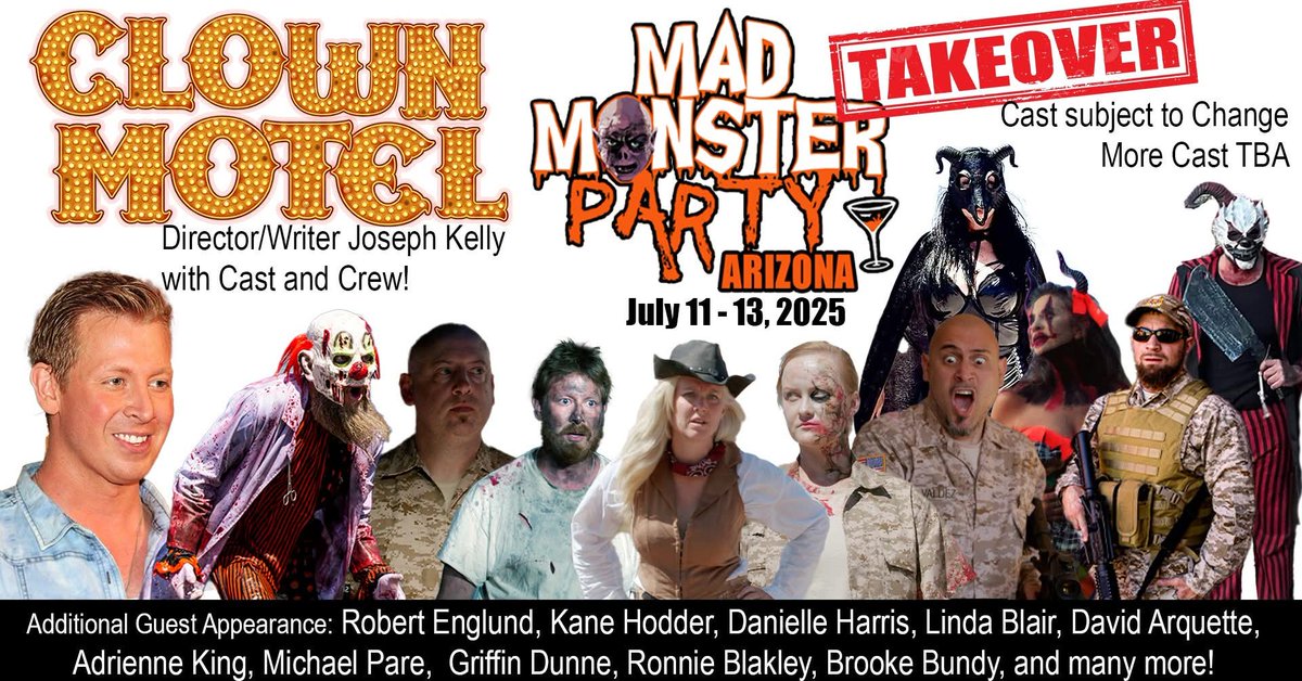 Come and see yours truly and some of the CLOWN MOTEL 3 cast at Mad Monster Party Convention in Arizona this weekend 🤡