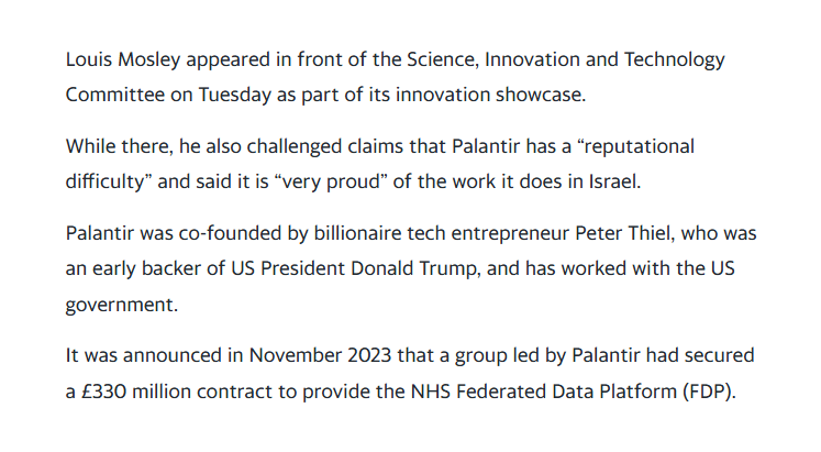 Doctors against #Palantir's NHS software put 'ideology over patient interest' uk.news.yahoo.com/doctors-agains…

Evidence to <a href="/CommonsSITC/">Science, Innovation and Technology Committee</a> today committees.parliament.uk/event/24779/fo…

BMA resolution from last month bma.org.uk/bma-media-cent…

#NHSdata #patientdata #datasharing #GazaGenocide