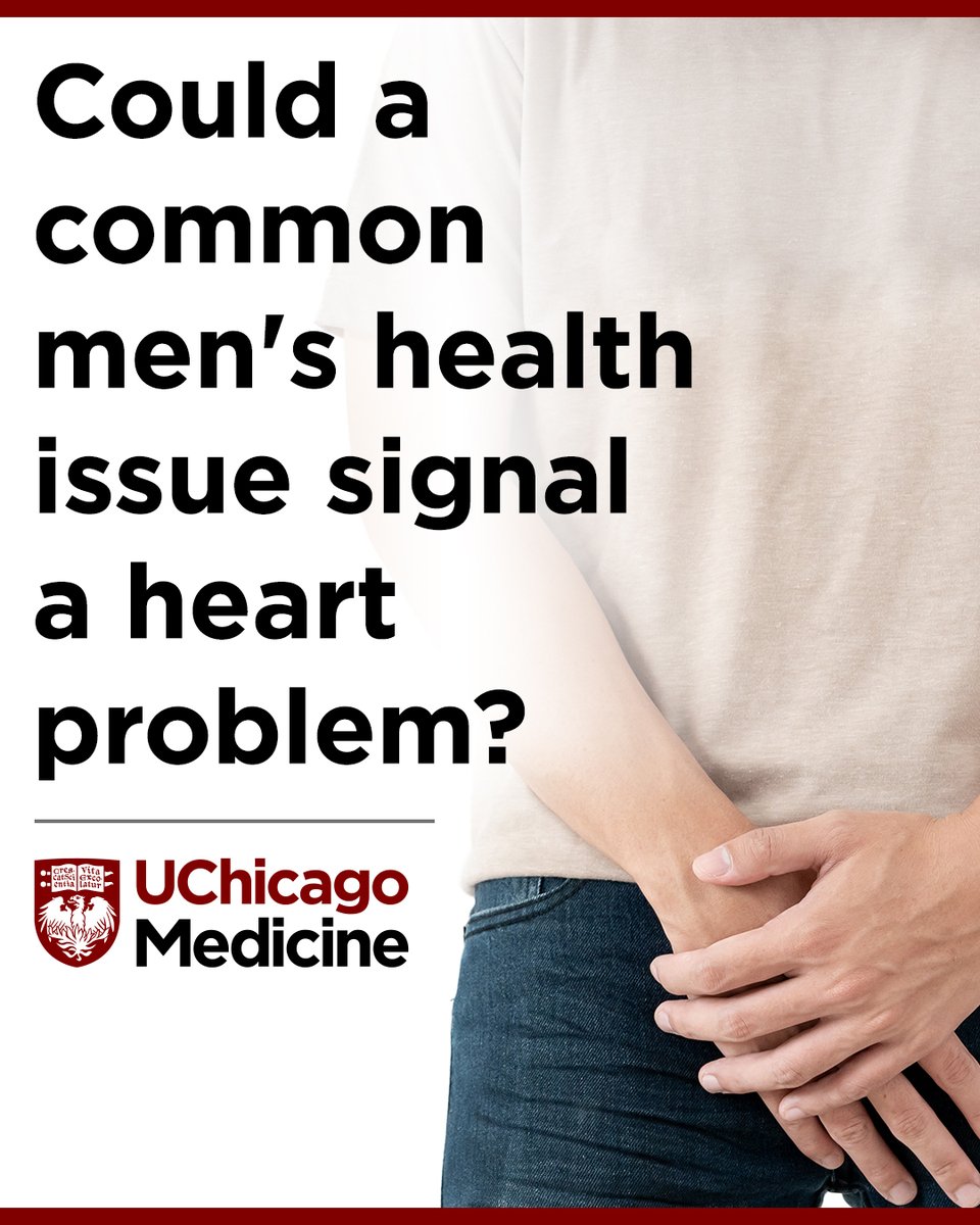 UChicagoMed's tweet image. Erectile dysfunction may be the first sign of a heart or vascular issue. An expert from the UChicago Medicine Men’s Wellness Clinic spoke more about the connection — and how our team can help. uchicagomedicine.org/forefront/heal…