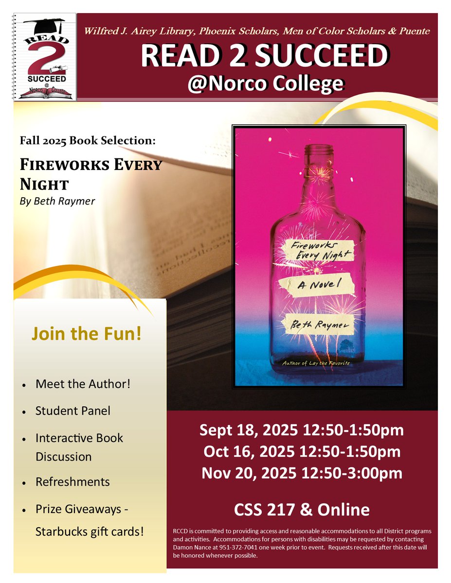 NorcoCollege's tweet image. Save the date! 📅 Read 2 Succeed for fall is thrilled to announce &quot;Fireworks Every Night&quot; by Beth Raymer as our 2025 book selection! 🎉 Dive into an explosive journey of storytelling that you won&apos;t want to miss. #Read2Succeed #BookAnnouncement #FallReads