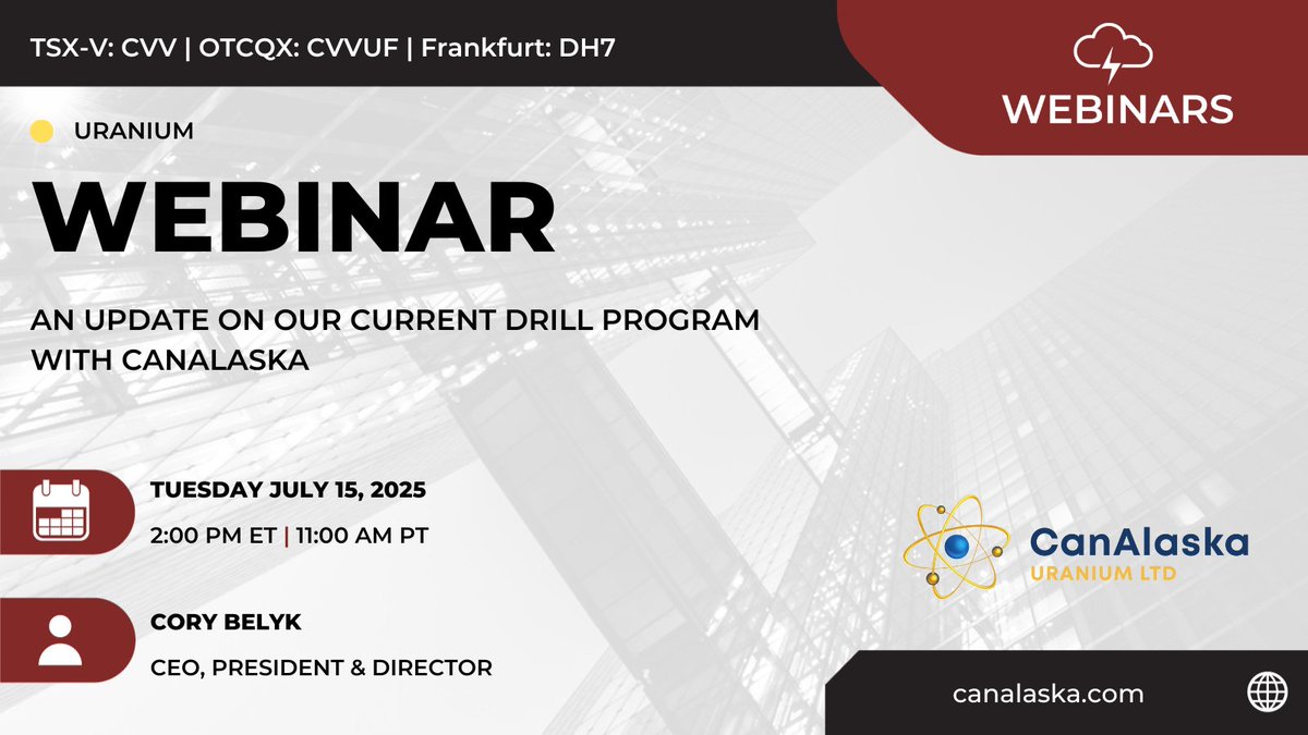 Join CEO, President &amp; Director, Cory Belyk on July 15 for a live webinar with <a href="/RedCloudFS/">Red Cloud FS</a> to get an update on the company's world-class portfolio of uranium projects in the Athabasca Basin.

Register now: redcloudfs.com/events/rcwebin…

TSX-V: $CVV
#Uranium #NuclearEnergy #Exploration