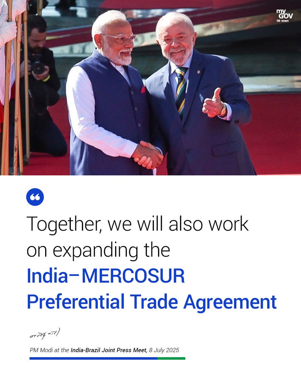 mygovindia's tweet image. Together, we will also work on expanding the India–MERCOSUR Preferential Trade Agreement

#PMModiInBrazil