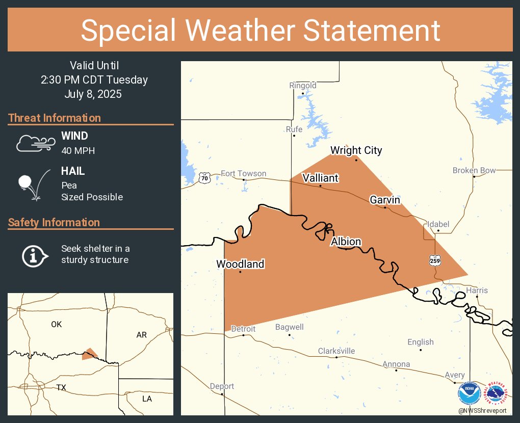 A special weather statement has been issued for Wright City OK, Valliant OK and  Millerton OK until 2:30 PM CDT