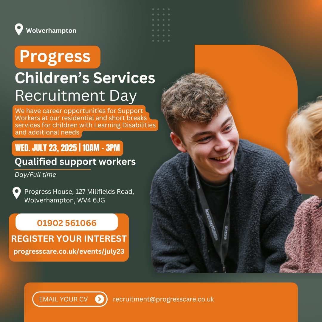 Register your interest today and take the first step towards making a real difference: progresscare.co.uk/events/july23 

Join us on Wed 23 July to discover #SupportWorker roles in our residential &amp; short-breaks services for children with learning disabilities and additional needs.