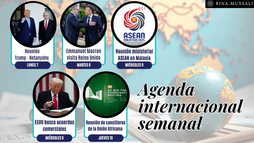 Agenda a seguir de cerca esta semana:

-Visita de Macron a Reino Unido
- Cumbre cancilleres ASEAN
- Acuerdos comerciales de EEUU
- Cumbre cancilleres Unión Africana 
- Avances cese al fuego en Gaza

Detalles: facebook.com/10005049993935…
