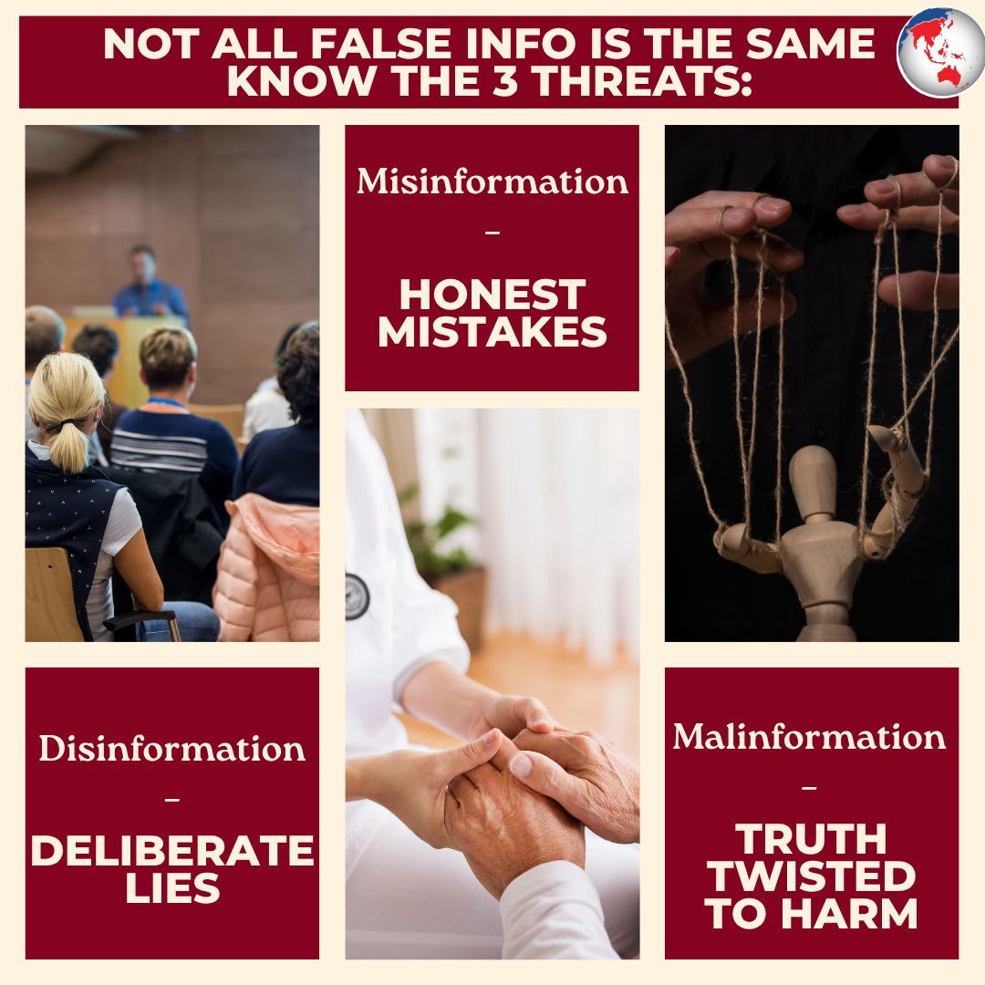 caphraorg's tweet image. 🧠 Not all false info is the same. Know the 3 threats:
🔴 Disinformation – Deliberate lies
🟠 Misinformation – Honest mistakes
⚫ Malinformation – Truth twisted to harm

All erode trust. All put lives at risk.
🛡️ Be informed. Fight back with facts.
#StopMisinformation…