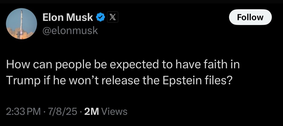 allenanalysis's tweet photo. 🚨 Elon Musk just put Trump on blast:

“How can people be expected to have faith in Trump if he won’t release the Epstein files?”

Musk is launching a new party, and already framing Trump as the guy covering for pedophiles. Think about that. The same Trump who promised transparency. 

The same Trump—who’s cabinet member said the files were “on her desk.” Now suddenly? Crickets.