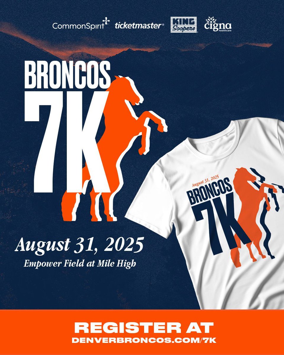 Registration is open for the 13th annual Broncos 7K on Sunday, August 31! 🏅
 
Finish on the 50-yard line at <a href="/EmpowerField/">Empower Field at Mile High</a> or run from anywhere with our virtual option.

Register today » buff.ly/GHZSS4I