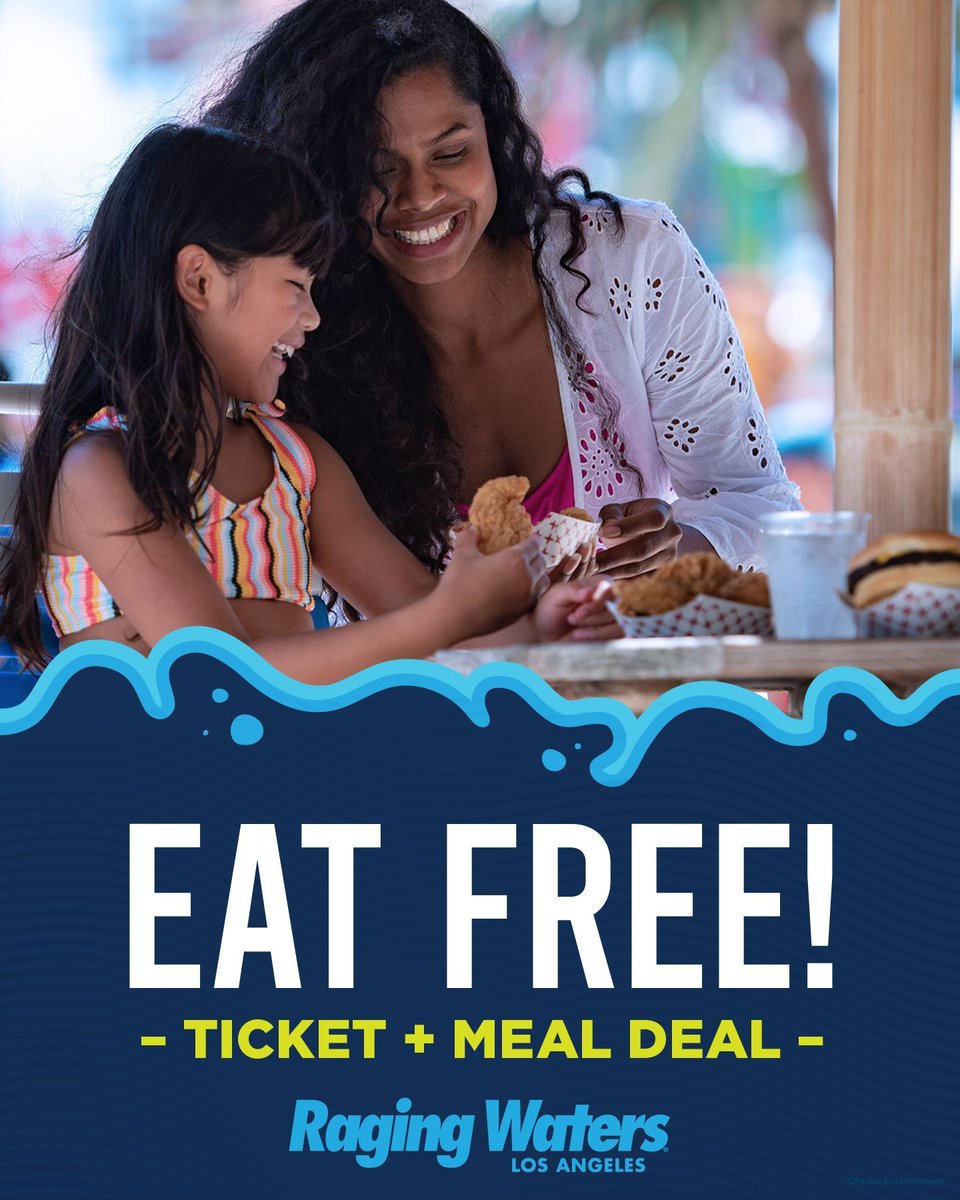 Save $35 + EAT FREE! 🍔🌊 Get a ticket + meal combo to SoCal’s largest water park—50+ rides, slides &amp; more! Pair the fun w/ burgers, tenders, pizza &amp; more! 🎟️ Online only. 

🔗 Link to buy now: buff.ly/ET8Fq5C 

#ragingwatersla #eatfree #summerfun #waterpark #sale