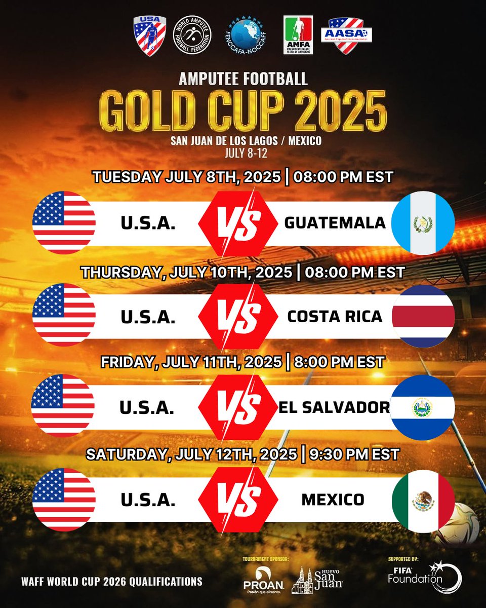 The U.S. Men’s National Amputee Soccer Team has officially landed in Mexico for the Gold Cup!  We’re competing for a spot in the 2026 Amputee World Cup, and you can watch us play all week live!

Watch on: youtube.com/@worldamputeef…