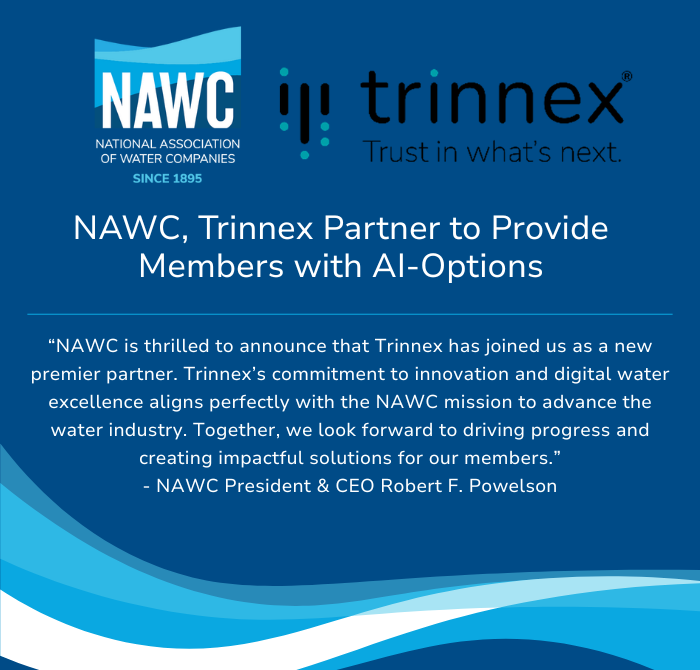 NAWCH2O's tweet image. Exciting announcement today! NAWC members will now have special access to @TrinnexDigital's suite of AI-enabled software platforms that help utilities monitor water quality, optimize sewer system management, conduct capacity assessments and protect public health from emerging…