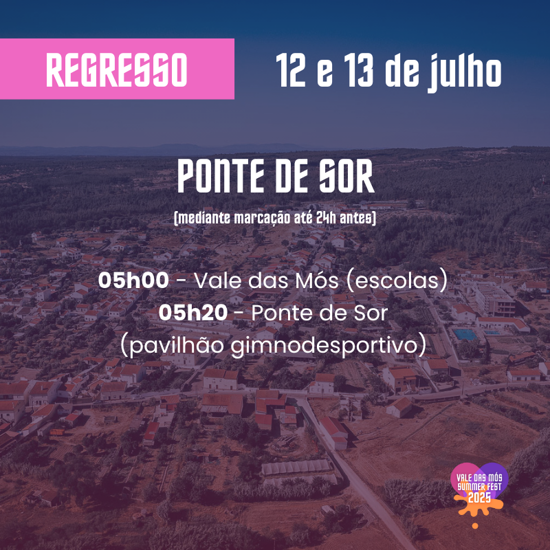 🚨 𝗔𝗯𝗿𝗮𝗻𝘁𝗲𝘀 𝗲 𝗣𝗼𝗻𝘁𝗲 𝗱𝗲 𝗦𝗼𝗿: 𝘁𝗿𝗮𝗻𝘀𝗽𝗼𝗿𝘁𝗲𝘀 𝗽𝗮𝗿𝗮 𝗼 𝗩𝗮𝗹𝗲 𝗱𝗮𝘀 𝗠ó𝘀 𝗦𝘂𝗺𝗺𝗲𝗿 𝗙𝗲𝘀𝘁 

Agarra nos teus amigos e vem ter connosco! 🔥