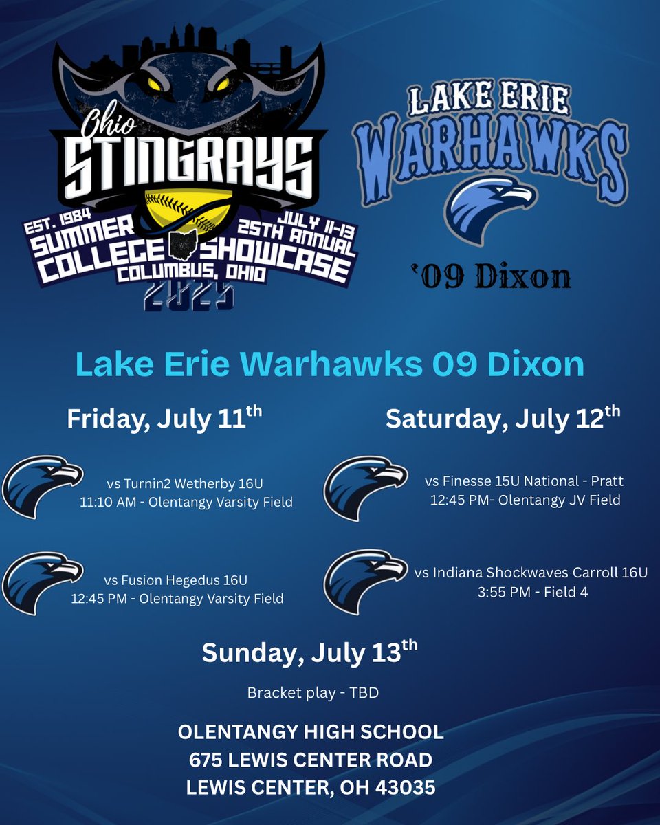 Your Warhawks head to Columbus this weekend for the Ohio Stingrays Showcase <a href="/OHStingraysShow/">Ohio Stingrays Showcase</a>.  

We are checking out the ‘burbs as we play at Olentangy High School.  

Come watch us live or follow along on Game Changer!

🥎💪🏼💙🤍🩵