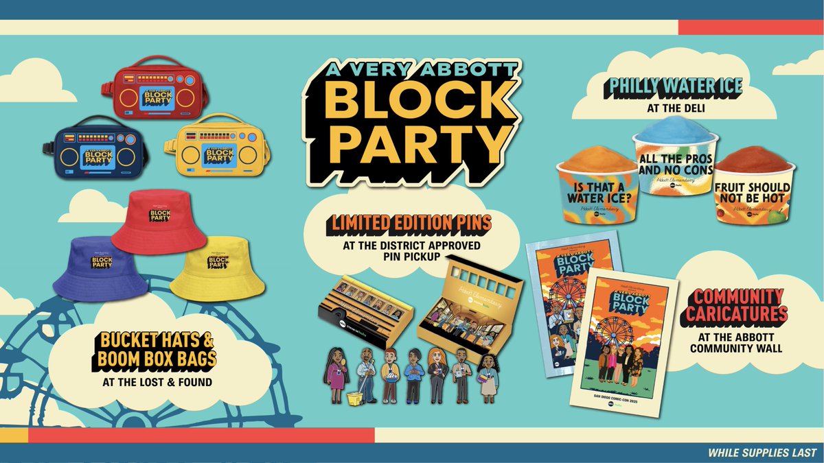AbbottElemABC's tweet image. #AbbottElementary is ready to FUN-raise at San Diego Comic-Con, inviting attendees to experience A Very Abbott Block Party. From authentic Philly water ice and a sky-high Ferris wheel to exclusive premiums from the school’s Lost and Found, it is sure to be the hottest party on…