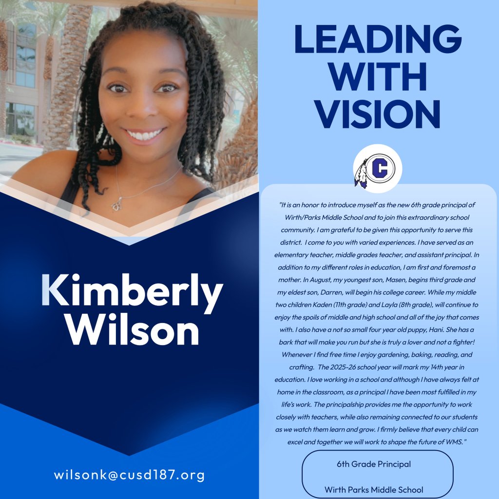 Greetings District #187,

Please join us in warmly welcoming Ms. Kimberly Wilson as the new 6th-grade Principal of OPMS for the 2025–2026 school year. We are excited to have her leadership and vision guiding our school community!
