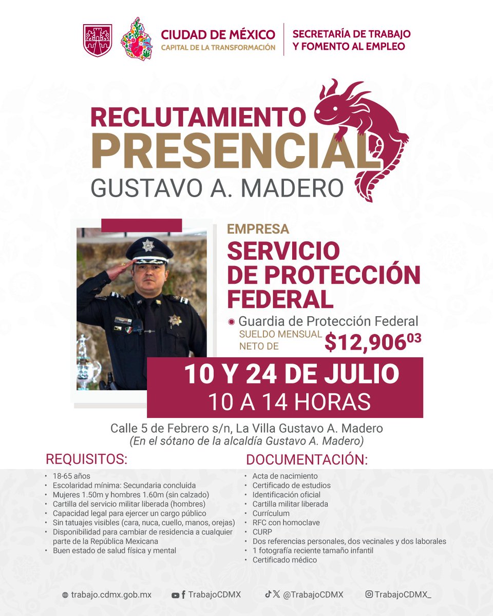 Trabajo CDMX (@trabajocdmx) on Twitter photo Postúlate como guardia federal del <a href="/spf_sspc/">Protección Federal</a>. Asiste a nuestro Módulo de Atención en Gustavo A. Madero. 👮🏽♂️🚔
✅Consulta los requisitos y documentación que debes presentar. ✍️
🗓️ 10 y 24 de julio
⏰ 10 a 14 horas
📍Calle 5 de Febrero s/n, La Villa (en el sótano de la alcaldía Postúlate como guardia federal del <a href="/spf_sspc/">Protección Federal</a>. Asiste a nuestro Módulo de Atención en Gustavo A. Madero. 👮🏽♂️🚔
✅Consulta los requisitos y documentación que debes presentar. ✍️
🗓️ 10 y 24 de julio
⏰ 10 a 14 horas
📍Calle 5 de Febrero s/n, La Villa (en el sótano de la alcaldía