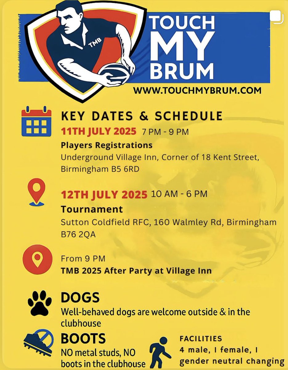 VillageBrum's tweet image. TOUCH OUR BRUM 🏉 🍑
This Friday and Saturday at the Village its ’Touch my Brum’ with @BrumBullsRFC and visiting teams from across the UK!
Join us for our tournament opening party on Frid 11th with the fabulous @TianaBiscuit and closing party with @reverendblanche on Sat 12th