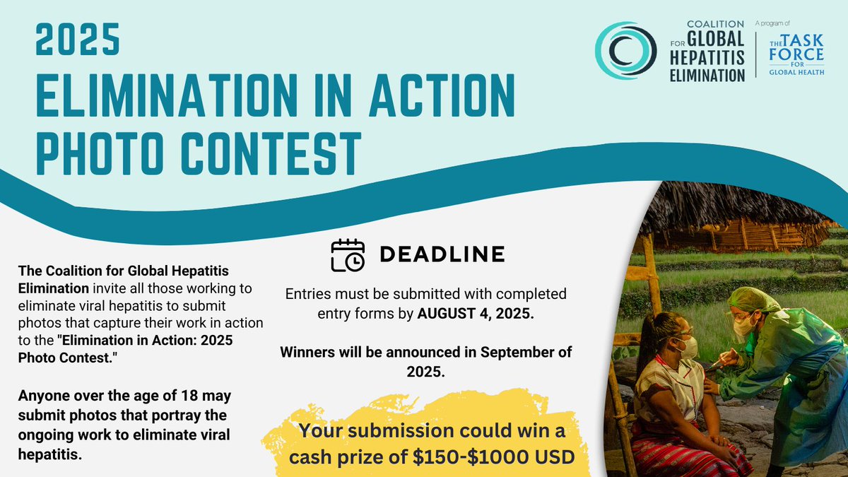 GlobalHep's tweet image. Are you working to eliminate hepatitis? Share your efforts in our Elimination in Action Photo Contest and compete for up to $1,000 in cash prizes.
Submit your photos: buff.ly/av392Pd
#HepElimination #PhotoContest