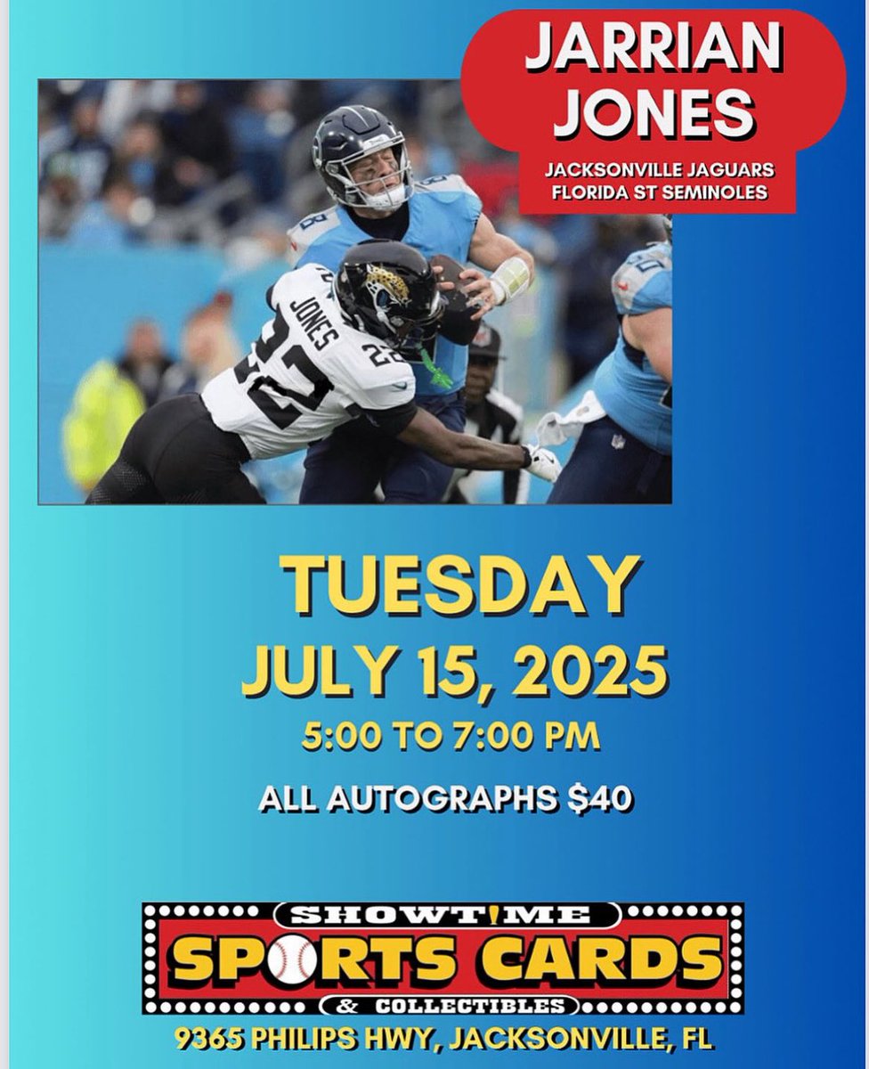 JagsMegaFan's tweet image. Who is coming to see @JarrianJones on the 15th? I can’t wait to see him in person. Going to get him to sign a football. DUUUUUVAL!!