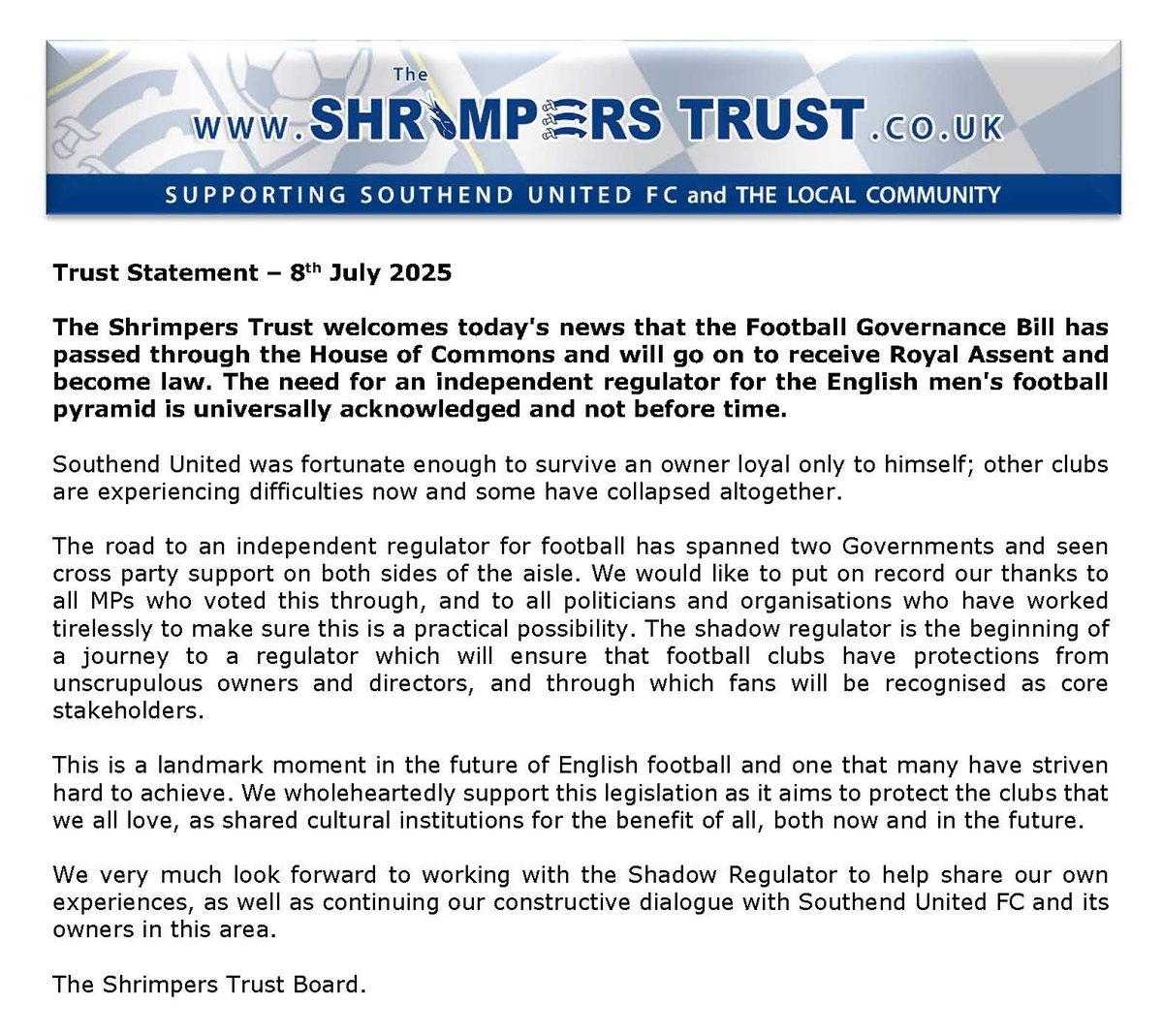 shrimperstrust's tweet image. Over the moon to see the FGB pass.
The graft doesn't stop - we are ready to offer our thoughts and experiences to the Shadow Regulator going forward, as fans of a formerly at risk club. Thanks to @DavidBSampson @BayoAlaba @Anna_Firth for their support in making our voices heard.