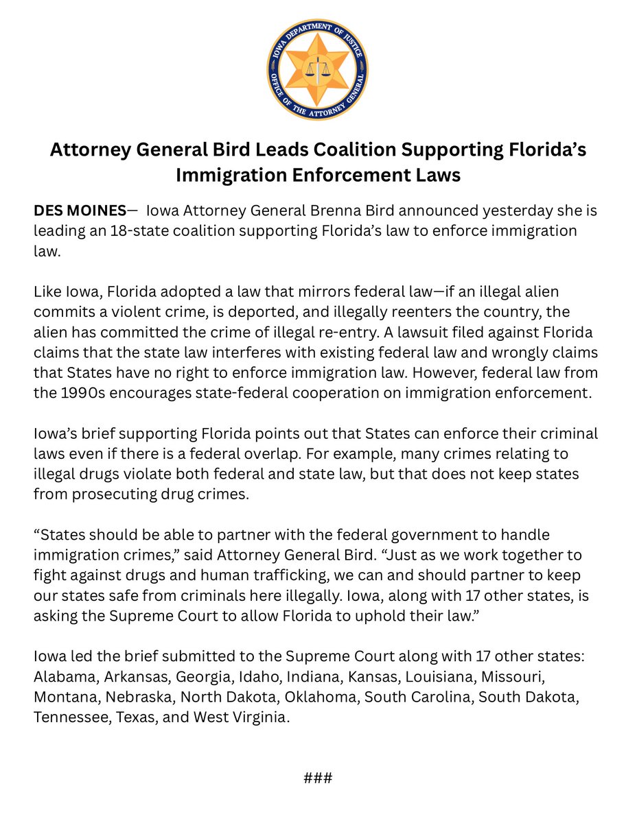 AGIowa's tweet image. States like Iowa and Florida should be able to partner with the federal government to handle immigration crimes.