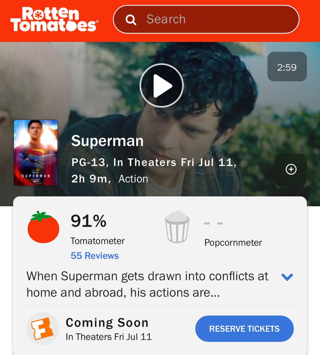 sboficial's tweet photo. 🚨 SUPERMAN debutou com 91% de aprovação da crítica no Rotten Tomatoes.
